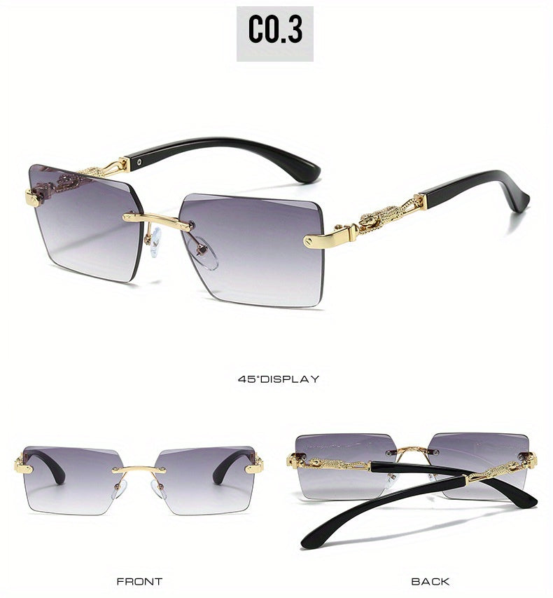 Unisex Luxury Frameless Black And Golden Sunglasses with Leopard-Decorated Arms - UV400 - Narrow Rectangular Lens - Includes Protective Case And Cleaning Cloth - High-End Gift for Men And Women - Stylish Eyewear for Driving, Travel, And Parties