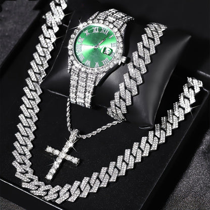 Cuban Link Jewelry Set for Women – Necklace, Bracelet, Pendant & Wristwatch Full Set, Luxury Gift for Valentine's Day, Christmas & Birthday, Multiple Colors