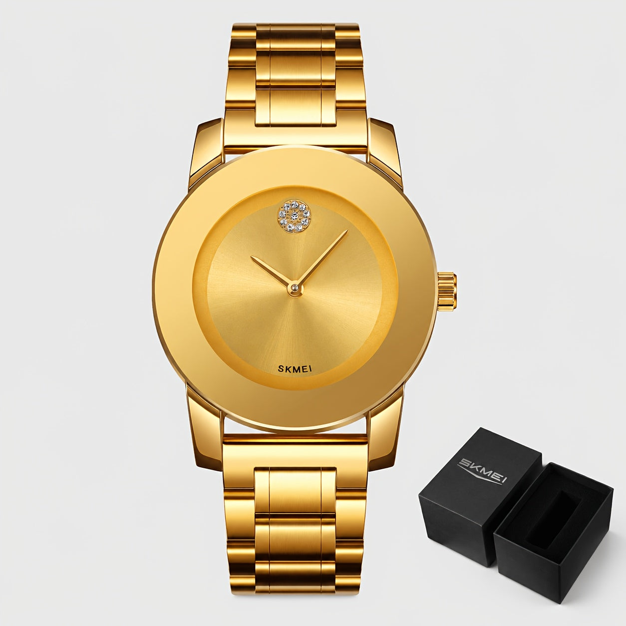 SKMEI Golden-Tone Zinc Alloy Case & Stainless Steel Band Quartz Watch - Black Dial with Accents, Classic Minimalist Design, Precise Quartz Movement, Unisex Casual & Formal Wear, Holiday Gift for Men & Women, Formal Timepiece, Elegant Style, Durable Constr