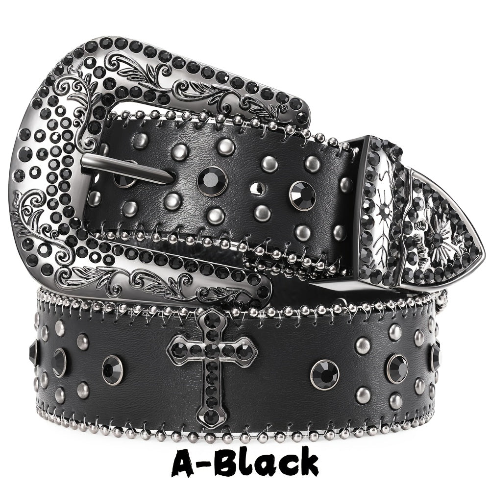 1pc WHIPPY PU Leather Belt Suitable for Men & Women - Rhinestone Studded Punk Carved Buckle Belt with Sky Rhinestone Carvings, Unisex Western Festival Accessories, Hip-Hop Belt for Costumes, Parties, Daily Wear