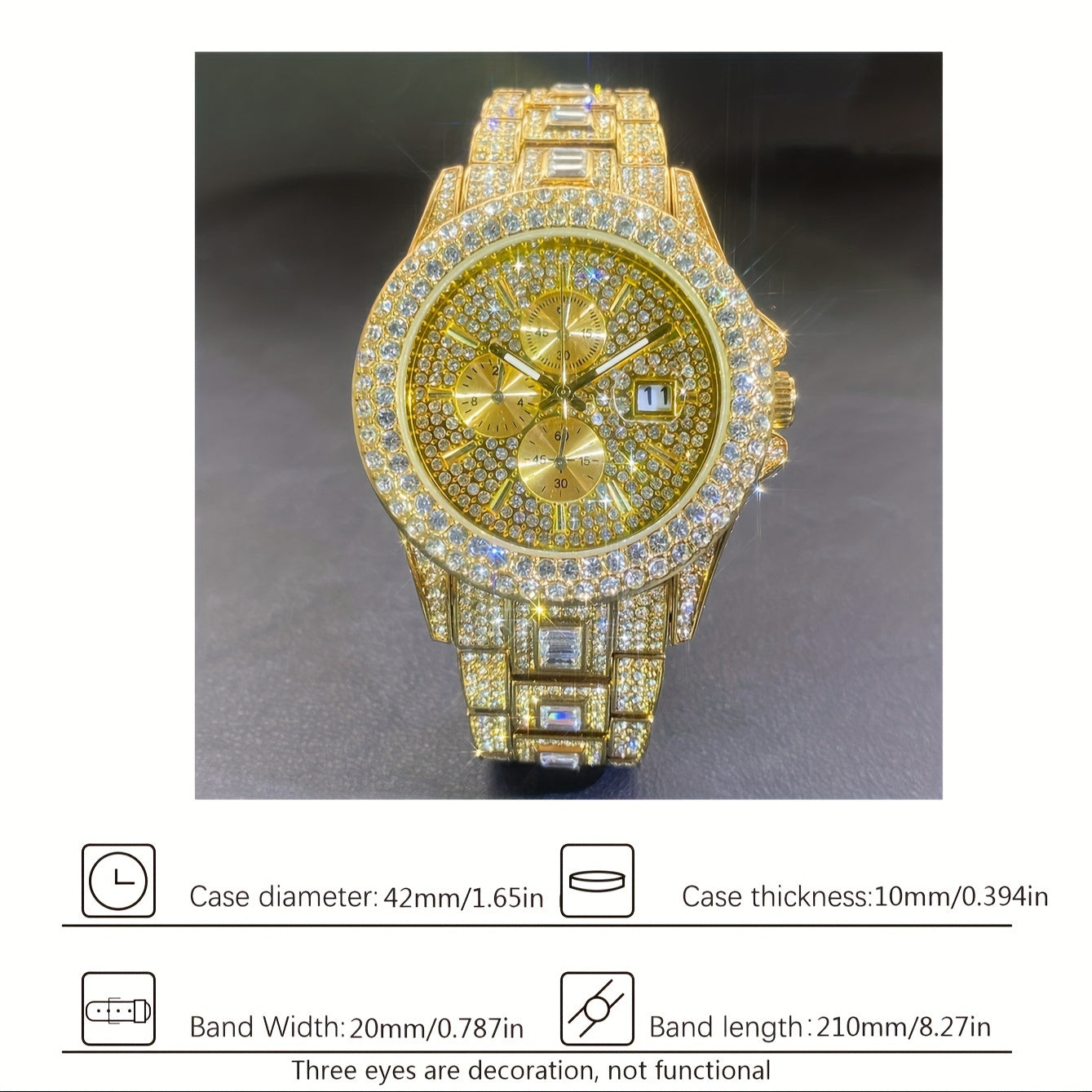 Iced Out Rhinestone Quartz Watch for Men & Women – Hip Hop Luxury Bling Wristwatch, Waterproof Date Display, Party Fashion Statement Piece