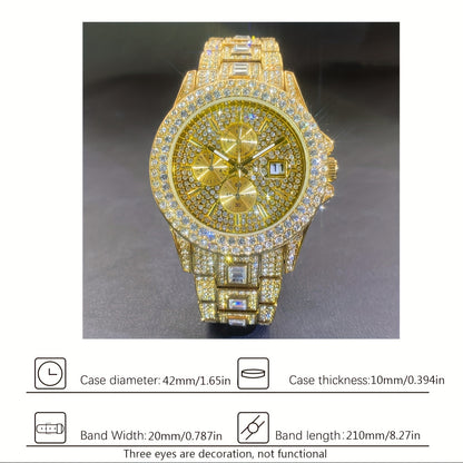 Iced Out Rhinestone Quartz Watch for Men & Women – Hip Hop Luxury Bling Wristwatch, Waterproof Date Display, Party Fashion Statement Piece