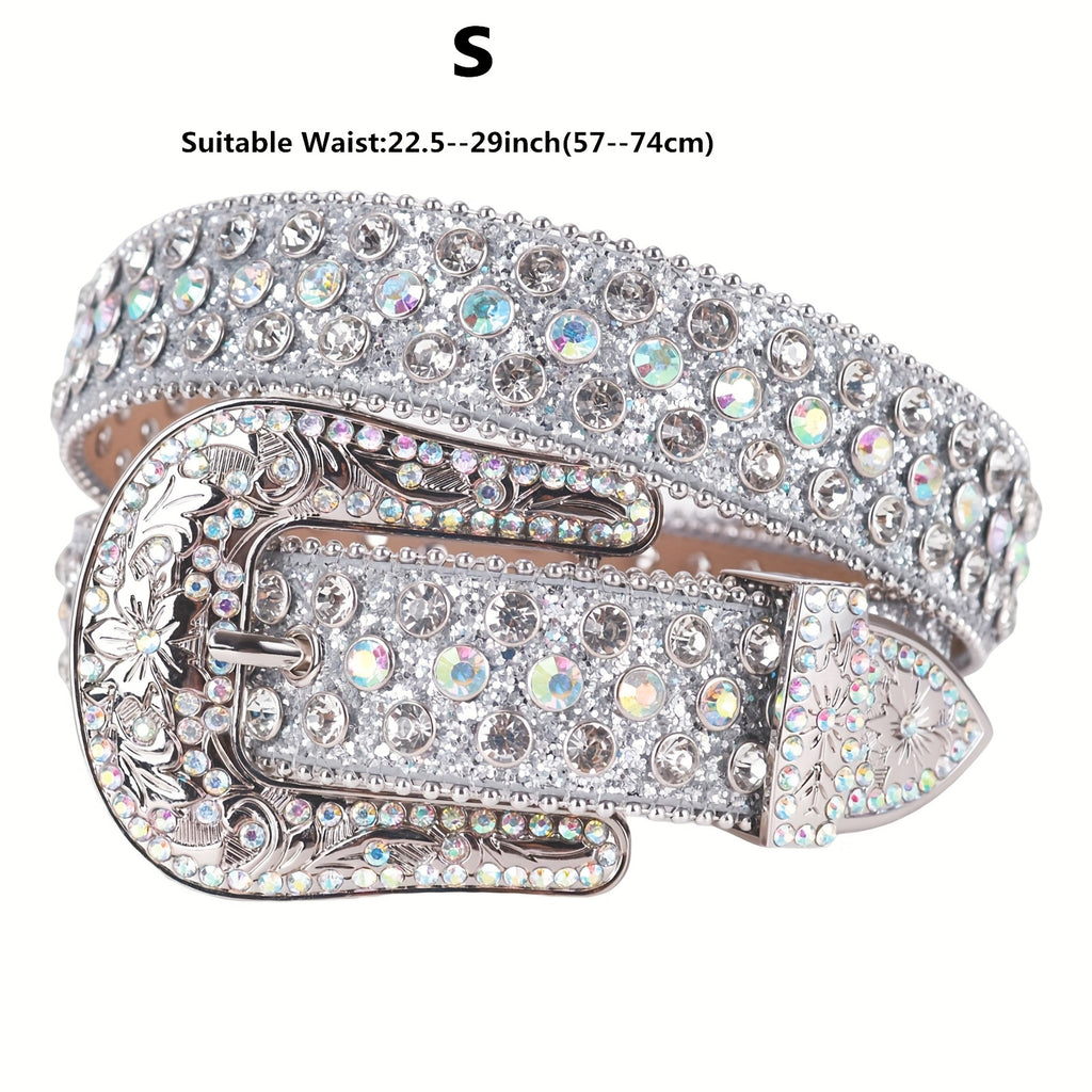 Silvery Sparkle Rhinestone Belts Women'S Luxury Bling Bling Carved Buckle Belt Punk Cowgirl Cowboy Crystal Studded Belts for Jeans