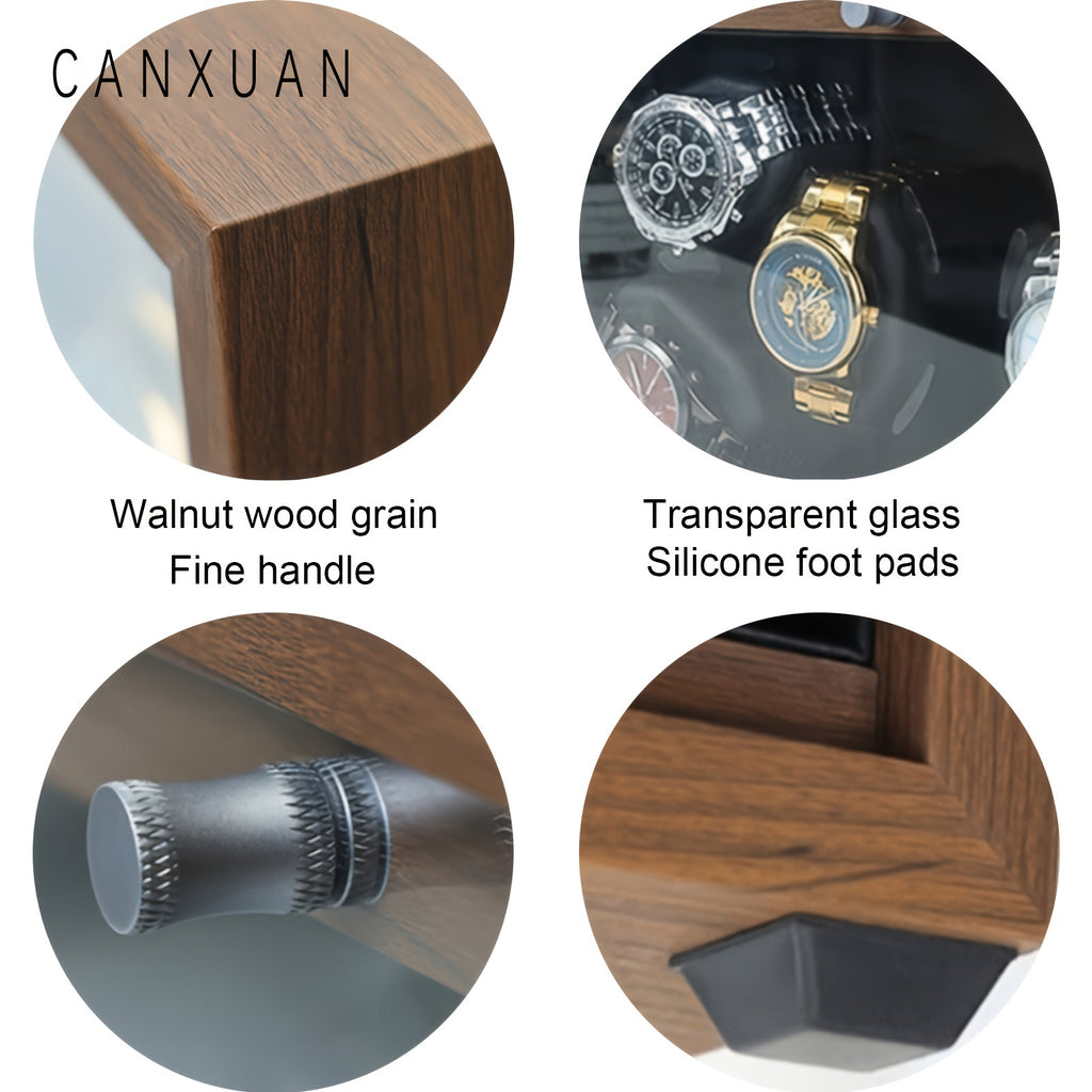 1pc 3/6 Slots Automatic Watch Winder, Wood Grain Pattern Transparent Cover And LED Light Winder Suitable For Men'S And Women'S Watches, USB Cable Watch Winder, Without Battery