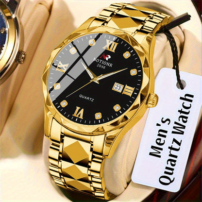 Men's Roman Numeral Rhinestone Quartz Watch Stainless Steel Strap – Date Display Minimalist Classic Design Fashion Wristwatch Gift, Golden Silvery Blue