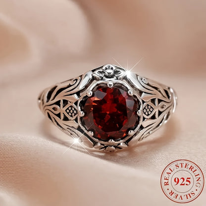 Red Zirconia Ring S925 Sterling Silver Lattice Flower Design Vintage Elegant Women Ring Nickel-Free Hypoallergenic Daily Party Anniversary Gift