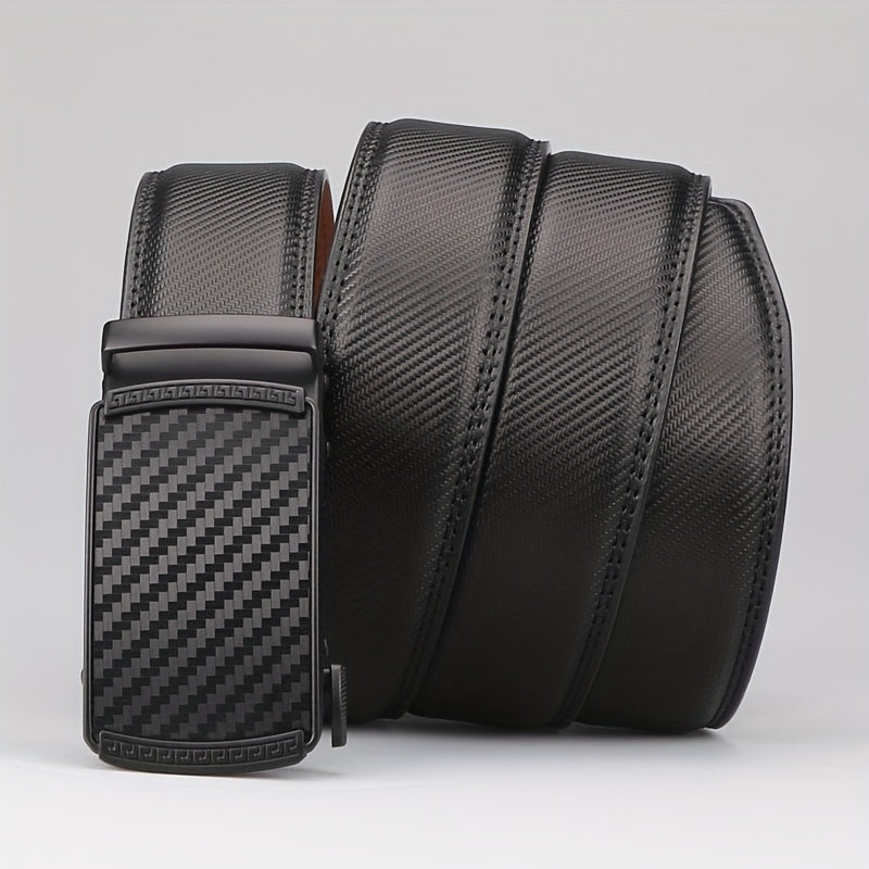 Men's Leather Belt Automatic Buckle Ratchet Belt - Adjustable Trim-to-Fit No Hole Dress Belt for Business Casual Formal Wear, Black & Brown, 110-130cm