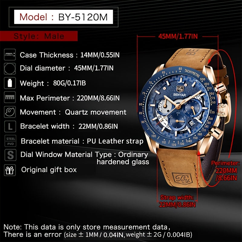 BENYAR Watch Men Luminous Chronograph Analog Quartz Big Face Business Sport Casual Fashion Dress Wristwatch Elegant Gift for Men Golden Silver Blue Black