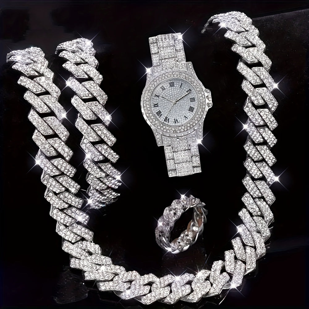 4pcs, Bai Gui Men'S Diamond-Inlaid (Lab-Created) Bracelet Set, Water Diamond (Lab-Created) Ring Set, Men'S Watch Gift Set