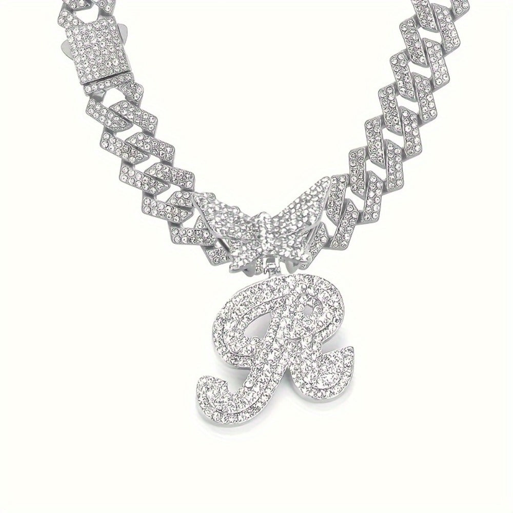 Cuban Link Chain Necklace - Initial Letter for Men Women - with Butterfly Alphabet Pendant A-Z, Gold & - product detail view