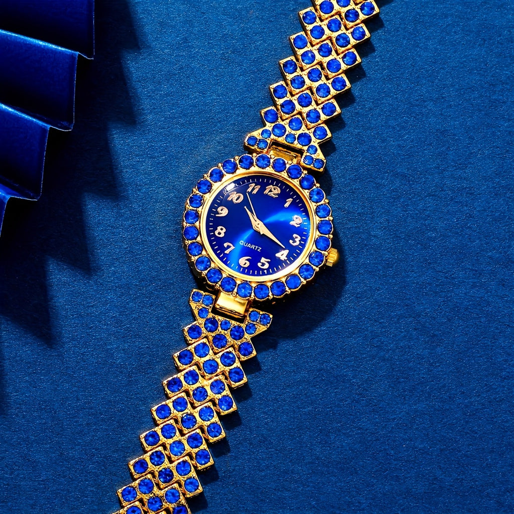 5pcs Elegant Women'S Light Luxury Fashion Quartz Watch And Blue Heart Accessory Set for Party, Valentine'S Day, Mother'S Day, Birthday, Christmas Gift for Mom, Gift for Friends
