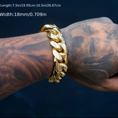 Hip Hop Bracelet for Men 18mm Wide - Vacuum Plated Stainless Steel, Anti-Sweat Allergy Resistant, Bold Street Style Wrist Band, Available in 7.5, 8.5 & 9.5 Inch Lengths