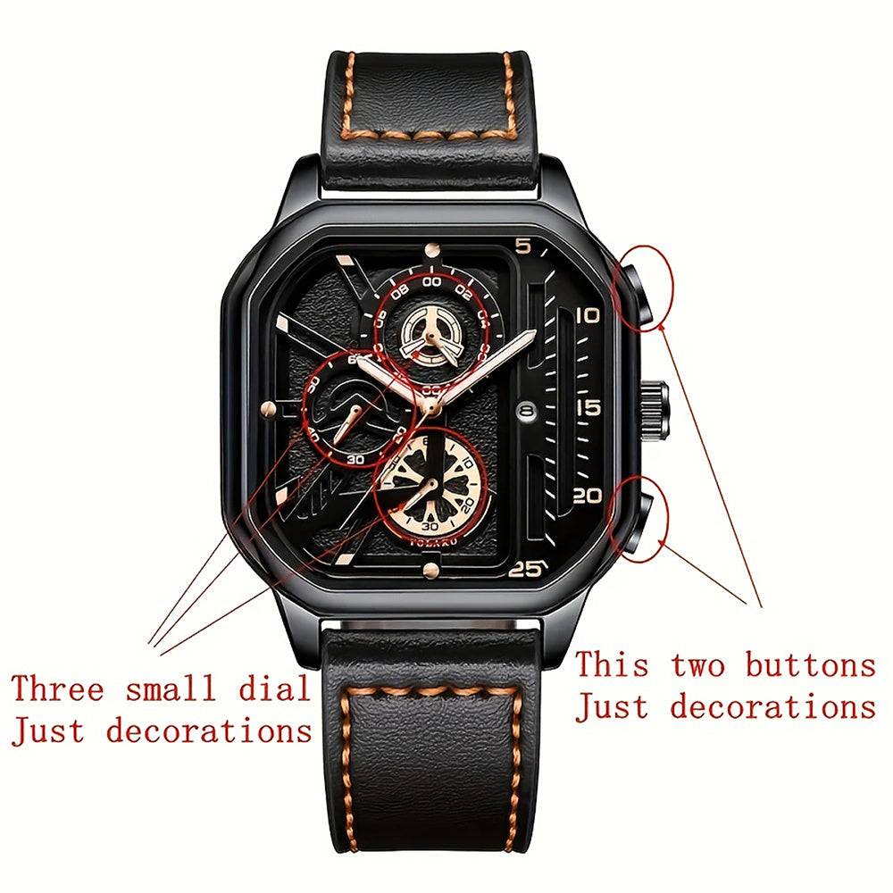 [Valentine's Father's Day Gift] 2pcs/set Luxury Sports Mens Watches For Men With Triangle Dial & Silicone Strap, Chronograph-like, Retro Square Dial & Faux Leather Starp Men Watches, Date Display, Dress Watch For Casual, Valentine's Father's Day Gift, Rel