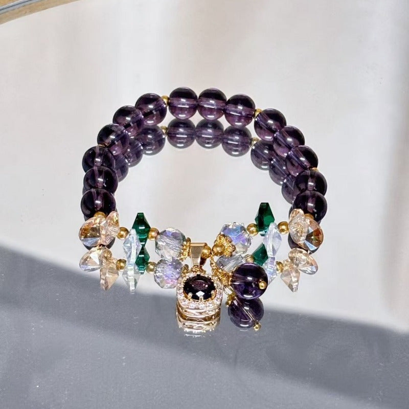 Amethyst Bead Bracelet Set 4 Pieces – Natural Stone Boho Bracelets with CZ Cat Pendant, Lucky Crystal Jewelry Gift for Women Men Couple & Best Friend