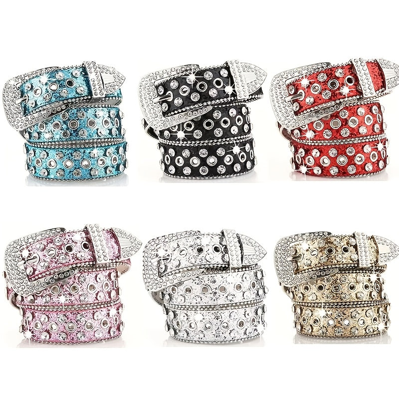 Women's & Men's Punk Rock Rhinestone Belt with Heavy Metal Rivets - PU Sparkling Sequin Waist Chain Accessory Suitable for Parties, Concerts, Daily Wear - Y2K Style Bold Statement Belt (Unisex)