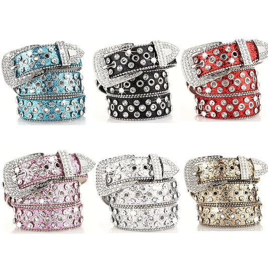 Punk Rock Rhinestone Belt with Heavy Metal Rivets - Y2K Sparkling Sequin Waist Chain for Women Men, PU Leather Statement Belt for Parties, Concerts & Daily Wear, Unisex Bold Fashion Accessory