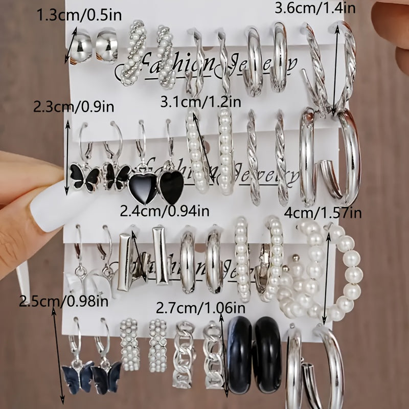 40pcs Simple Style Metal Irregular Geometric Love Heart Butterfly Twist Hollow Inlay Faux Imitation Pearl Earrings Set, Women's Summer Daily Match Seaside Beach Vacation Dating Party Gifts