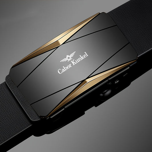 Men's Genuine Cowhide Leather Automatic Buckle Belt - Business Casual Dress Waist Belt, Golden & Black, Large Sizes 43-51 inch