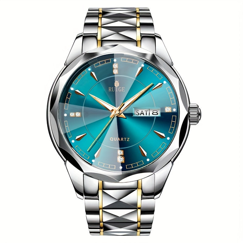 Men's Quartz Watch with Dual Calendar & Night Light | Diamond Shaped Mirror, Stainless Steel Case, Alloy Strap, Business Casual Wristwatch – Ideal Father's Day Gift