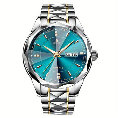 Men's Quartz Watch with Dual Calendar & Night Light | Diamond Shaped Mirror, Stainless Steel Case, Alloy Strap, Business Casual Wristwatch – Ideal Father's Day Gift