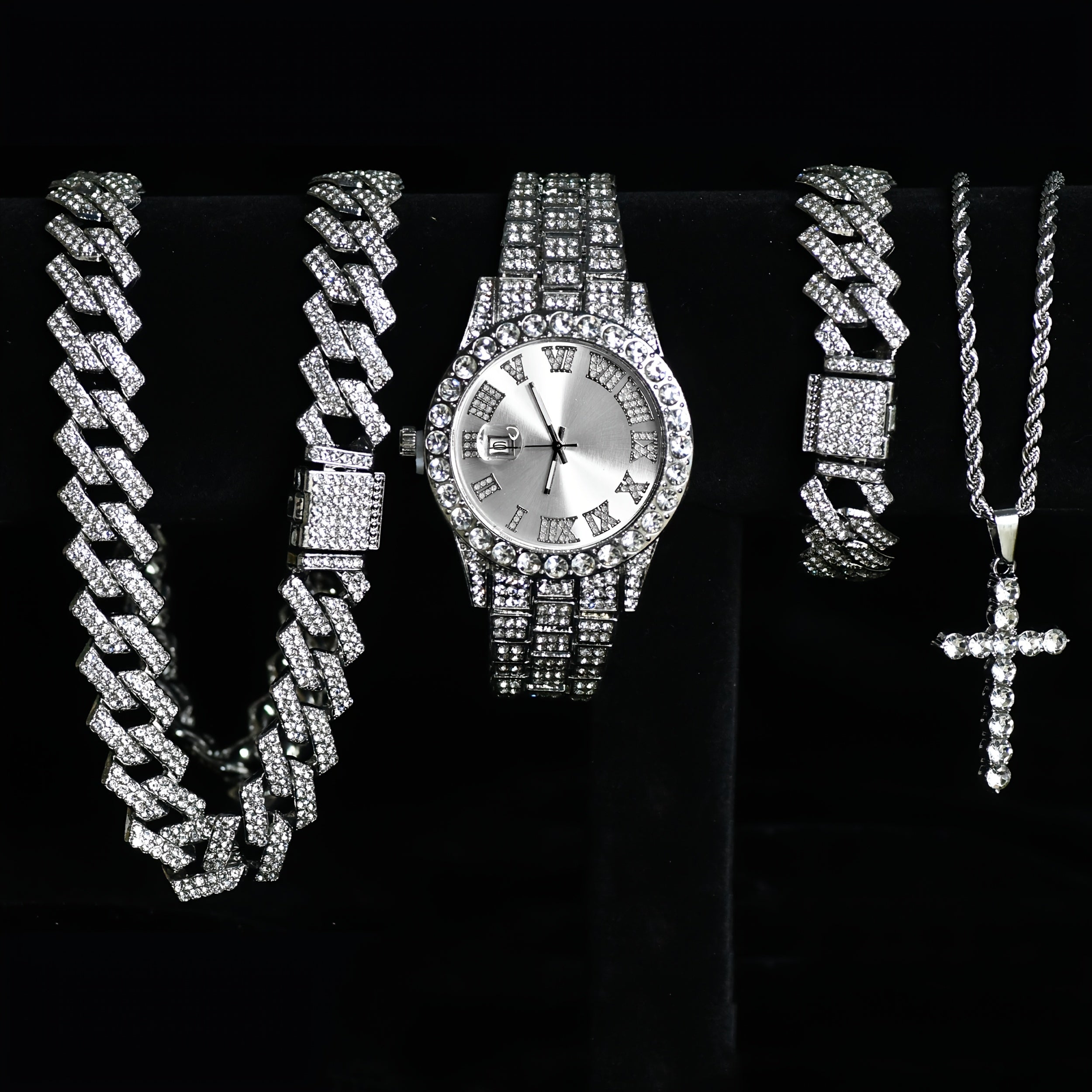 Luxury Cuban Link Jewelry Set: Necklace, Bracelet, Pendant Necklace, and Wristwatch Full Set - Ideal Gift for Holiday Celebrations, Valentine's Day, Christmas, and Birthdays