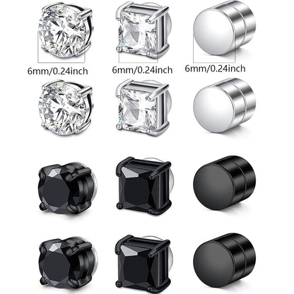 Magnetic Stud Earrings for Men Multi-Pack - Round Square Embellished Non-Piercing Ear Studs, Silver & Black Tone, 8/9/12/14pcs Set, No Piercing Needed, Unisex Fashion Jewelry Gift