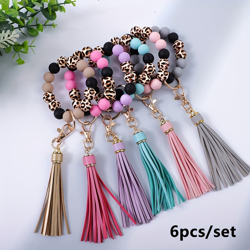6pcs/set Leopard Print Wooden Bead String Wrist Key Ring Tassel Silicone Bead String Keychain Gift for Mom, Gift for Friends, Perfect Holiday Gift
