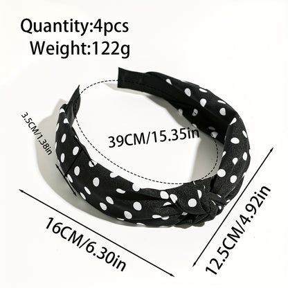 Knotted Headbands for Women 4 Pack – Wide Brimmed Polka Dot Hair Bands, Black & White Retro Minimalist Bow Knot Head Wrap, Stylish Cute Hair Accessories for Daily Wear & Casual Outfits