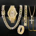 5pcs, Men's Rhinestone Watch Set, Fashionable Cross Necklace Ring Bracelet Set, Christmas Set