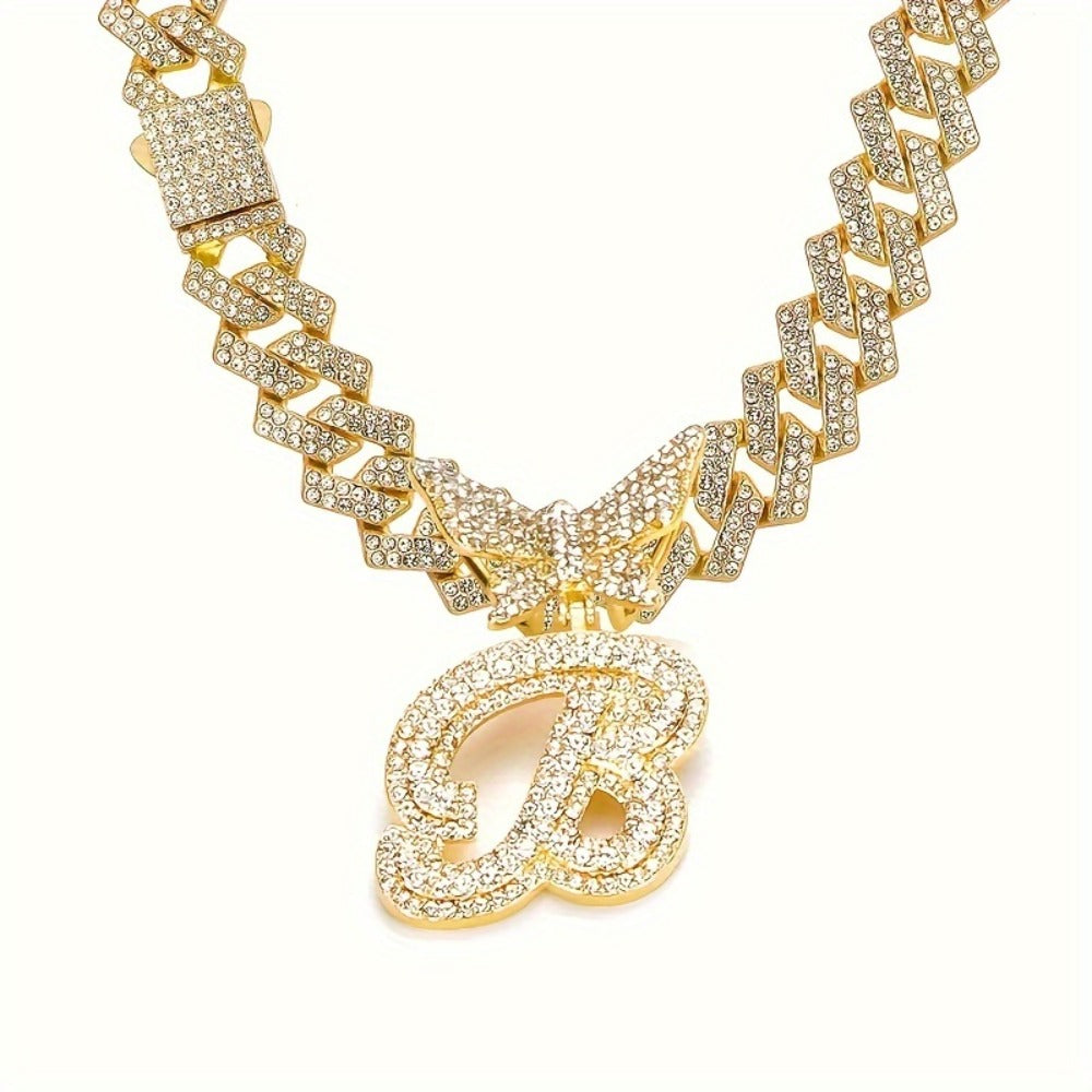 Cuban Link Chain Necklace - Initial Letter for Men Women - with Butterfly Alphabet Pendant A-Z, Gold & - product detail view