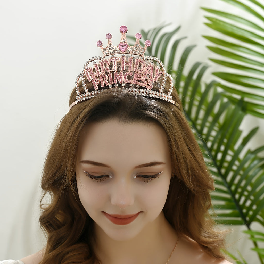 1pc Birthday Princess Letter Crown Headband Rhinestone Decoration Glitter Hair Accessories Birthday Party Hair Accessories