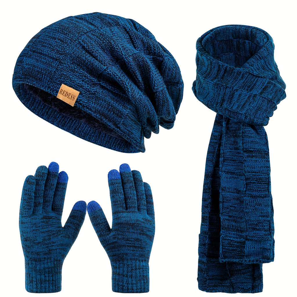 3pcs Winter Set: Unisex Hat, Scarf & Gloves/Earmuffs-like Accessory - Thick Warm Thermal Outfit for Men & Women, Compatible with Smartphones (No Touchscreen Obstruction) - Perfect Christmas, New Year Gift (Ear) - Solid