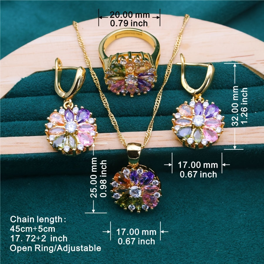 5pcs 18K Gold Plated Cubic Synthetic Zirconia Jewelry Set Suitable for Women - Multi-Color (,,,,) Matching Bracelet, Earrings, Necklace & Adjustable Ring - Wedding, Party, Christmas Gift, Year-Round Elegant Wear