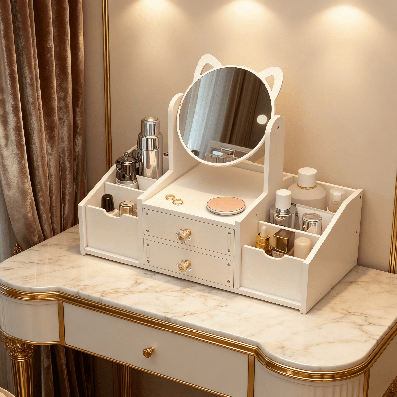 Jewelry Box with Cat Ear Mirror Large Dressing Table Organizer for Bedroom Home Storage Cute Aesthetic Jewelry Organizer Birthday Christmas Gift for Her