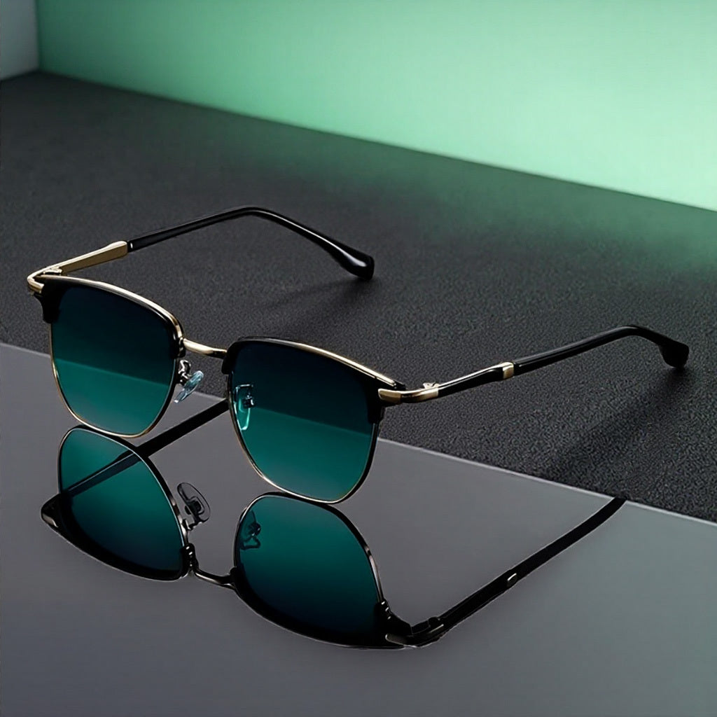 Unisex Retro Semi-Rim Frame UV400 Sunglasses - Classic Half Frame Design with Case & Cleaning Cloth - Stylish Eyewear for Daily And Travel Use