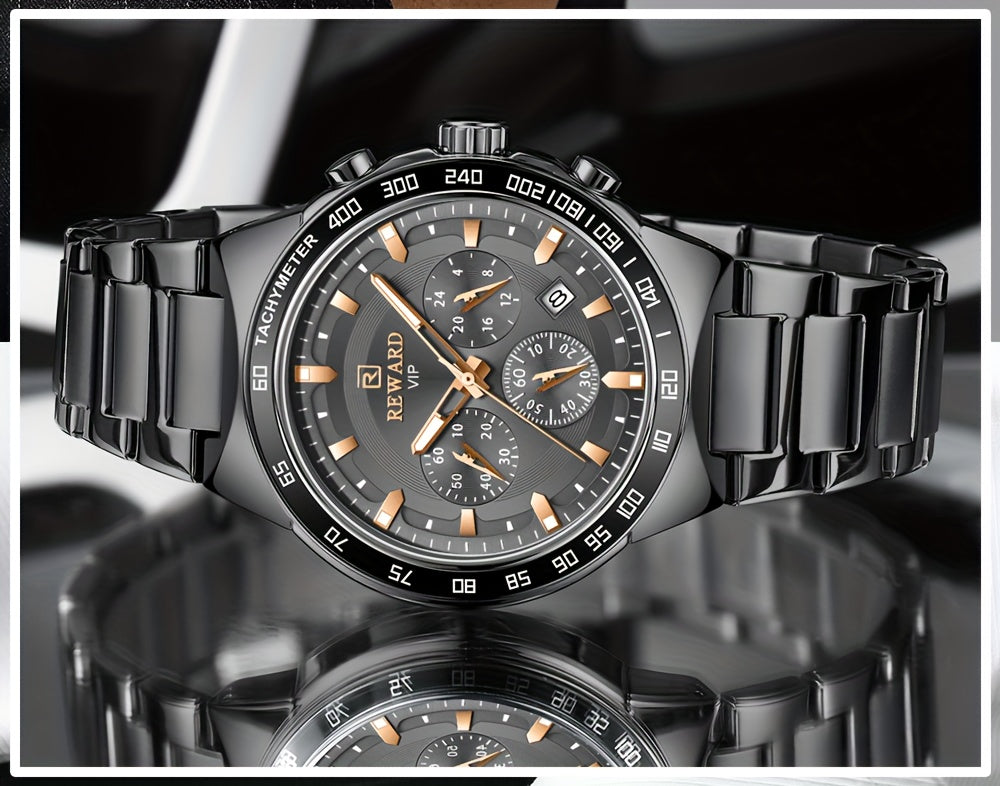 REWARD VIP Ice -Blue Quartz Watches For Men Sport Chronograph Luminous Wrist Watches Stainless Steel Wristwatch