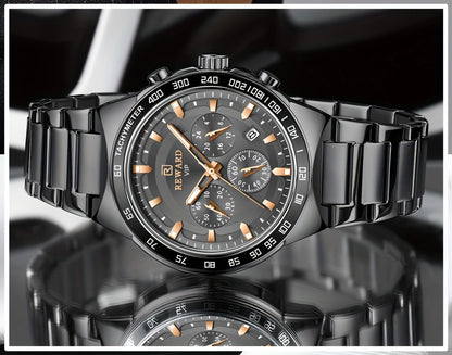Chronograph Sport Watch Men REWARD VIP Luminous Stainless Steel – Quartz Wristwatch Ice Blue Golden Black, Men's Dress Watch Reloj Hombre