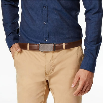 Men's Leather Belt Automatic Buckle Ratchet Belt - Adjustable Trim-to-Fit No Hole Dress Belt for Business Casual Formal Wear, Black & Brown, 110-130cm