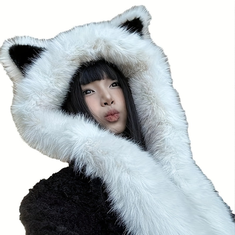 1pc Soft Polyester Faux Cat Ear Hat with Integrated Scarf - Lightweight Warm Winter Hat Suitable for Men & Women, Cozy Cat Ears for Themed Parties, Bachelor Parties, Casual Attire