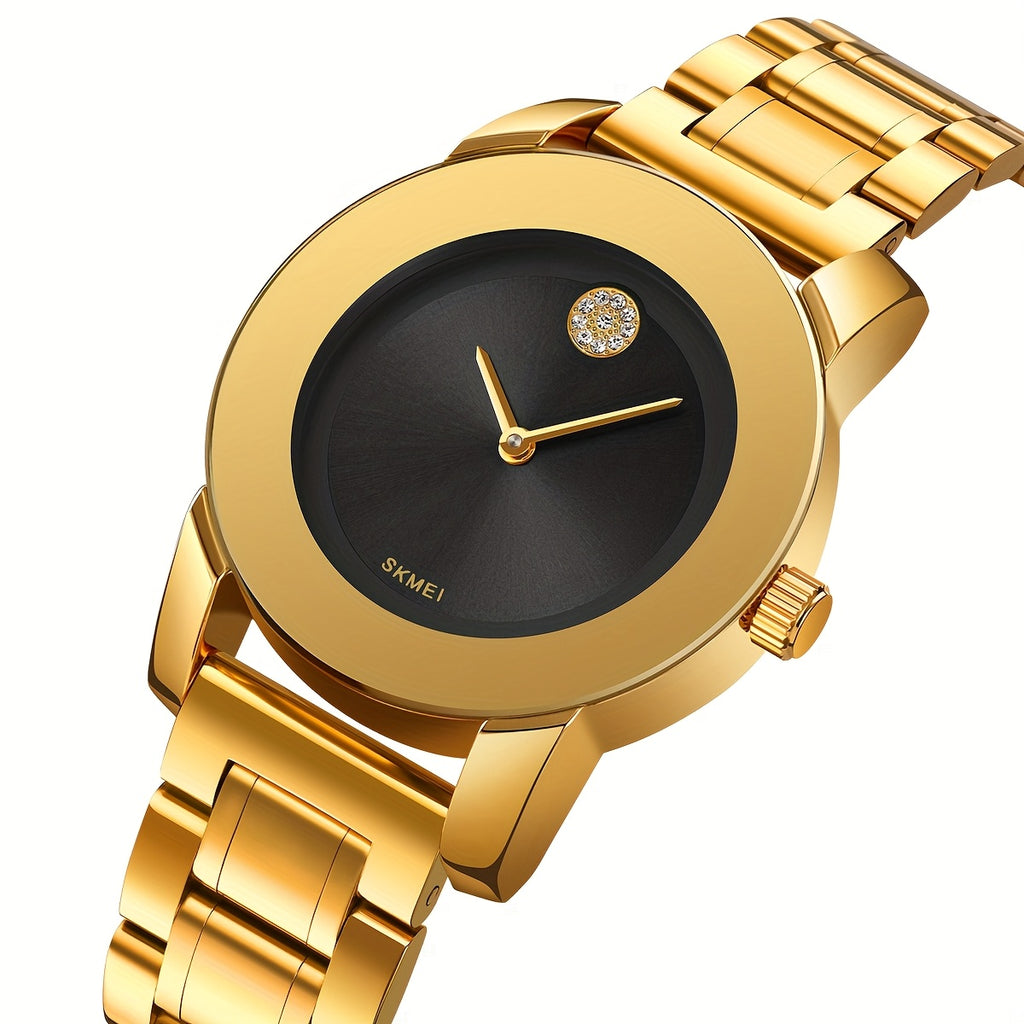 SKMEI Golden-Tone Zinc Alloy Case & Stainless Steel Band Quartz Watch - Black Dial with Accents, Classic Minimalist Design, Precise Quartz Movement, Unisex Casual & Formal Wear, Holiday Gift for Men & Women, Formal Timepiece, Elegant Style, Durable Constr