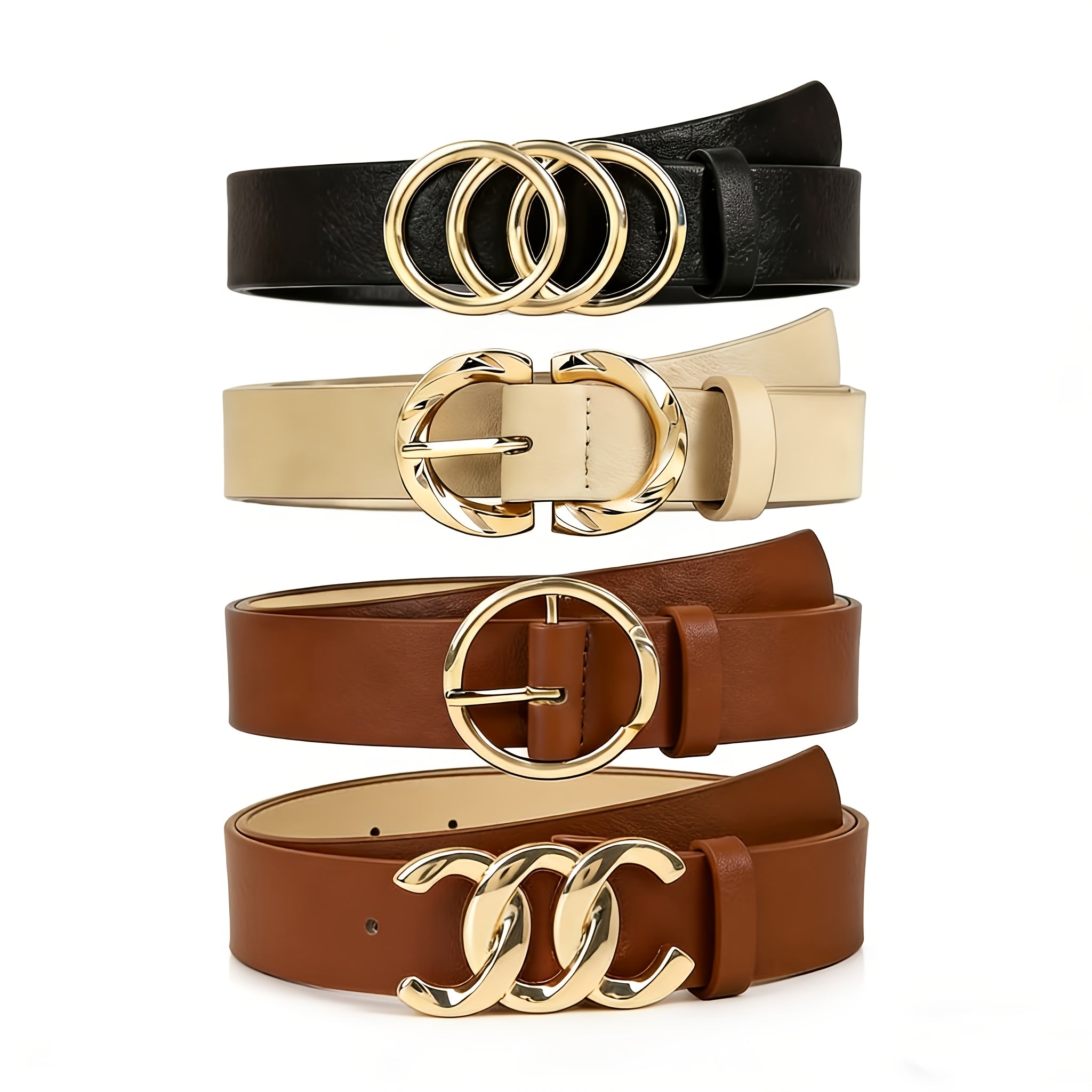 4pcs Set - Women's Fashion Belt, Retro Appearance with Elegant Golden Metal Buckle, Adjustable Design Suitable for Daily Casual Clothing Such As Jeans And Skirts