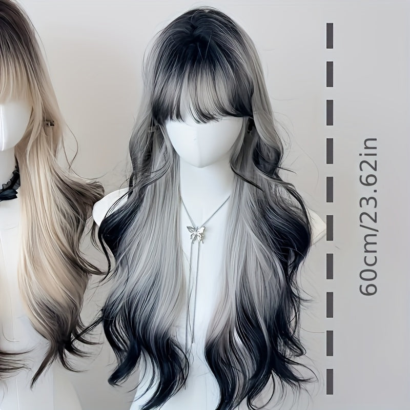 26-inch Women's Y2K Gradient Looking Wig with Bangs - Long Curly Waves ( to Ombre), Full Head Volume for Parties, Music Festivals & Daily Wear - European/American Style Hairpiece