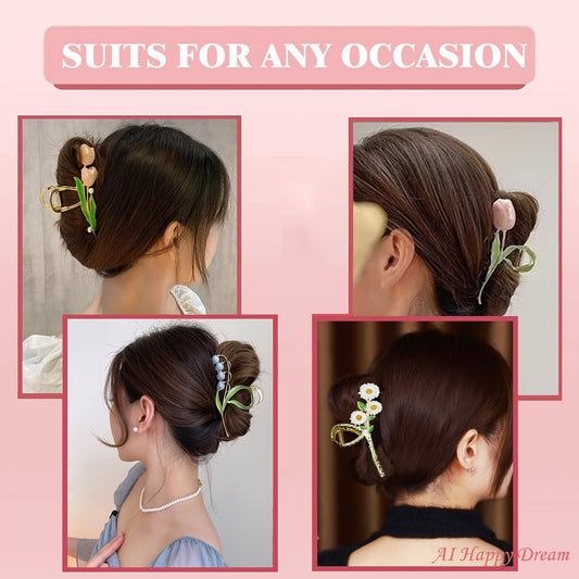 Metal Hair Clips 6pcs Renaissance Flower - Large Tulip Anti-Slip Claw Clips for Women Thick Thin Long Curly Hair Elegant Headpieces for Wedding Party Halloween Christmas Formal Occasions