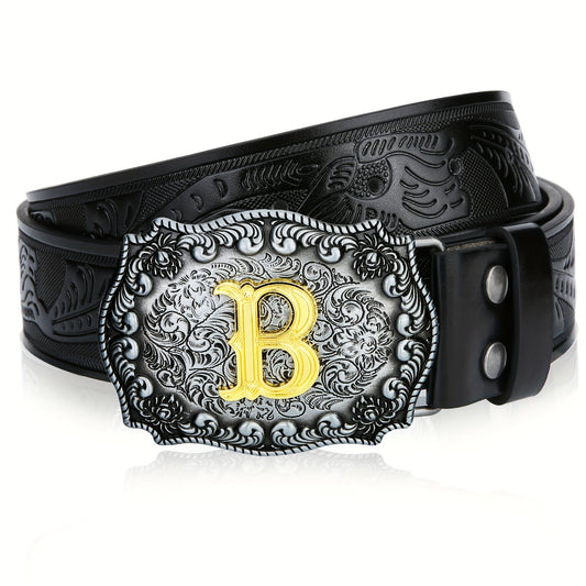 Western Belt for Men - Embossed Floral Cowboy Belt, Longhorn Bull Pattern Big Buckle, Faux Leather, Sizes 34-44, 23 Colors, Stylish & Durable