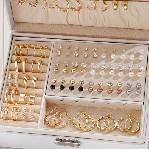 108pcs/Set Simple Imitation Pearl, Rhinestone & Metallic Geometric Design Stud Earrings, Hoop Earrings for Women, Vacation, Date, Daily Wear (Without Box)