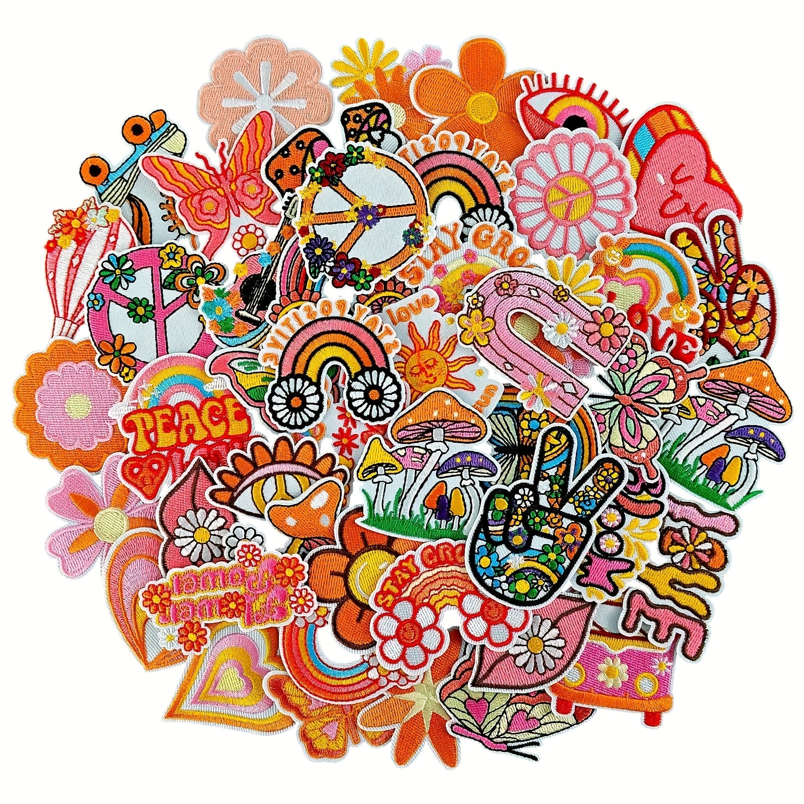 Set of 48 Hippie-Themed Iron-On Patches For, Featuring Embroidered Bohemian Designs Suitable for Clothing, Hats, Jeans, Dresses, Backpacks, And More