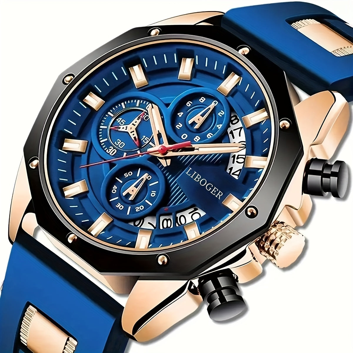 Chronograph Watch for Men - Large Dial Quartz Wristwatch with Day Date Month Display, 24H Analog, Leather Strap & Gold Buckle, Multi-Function Business Sport Dress Watch in Blue Silver Gold