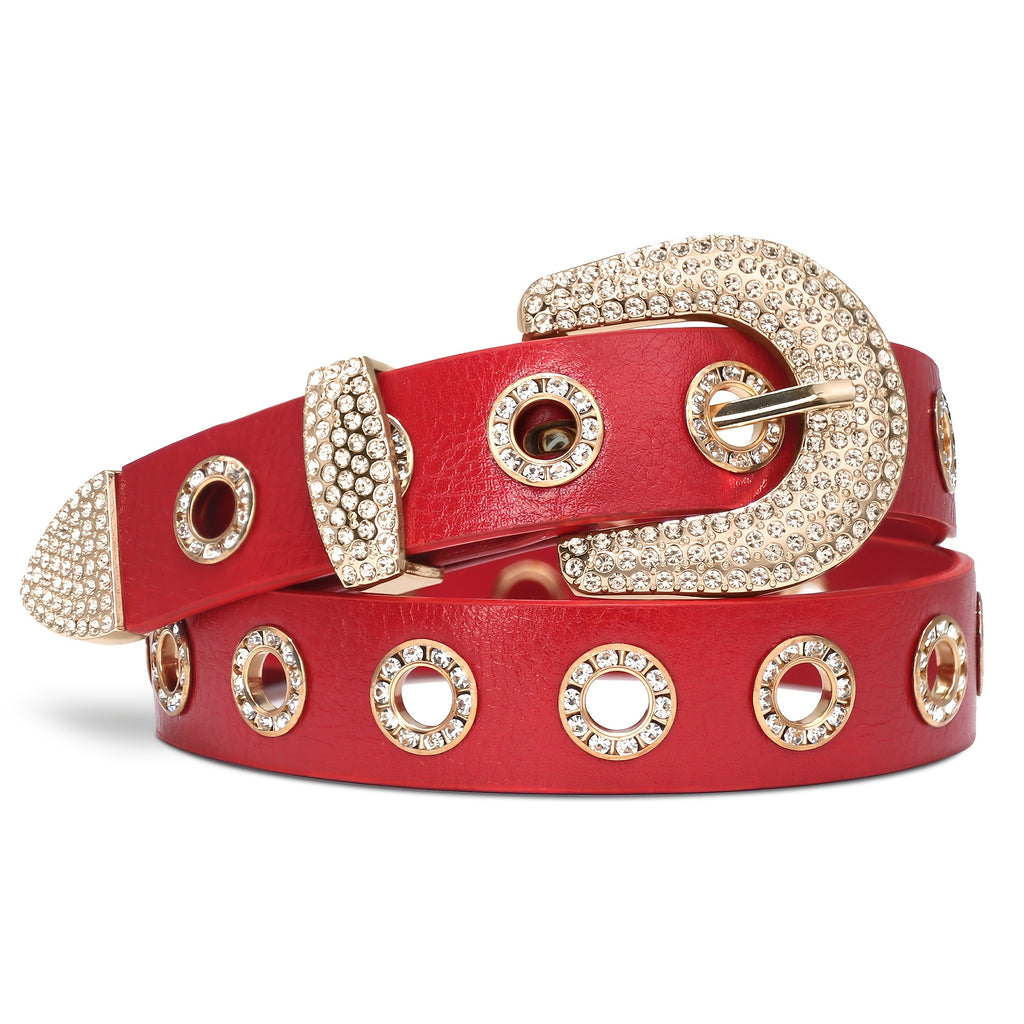 Women's Punk Faux Leather Grommet Belt Women Vintage Studded Rhinestone Rock Belts for Jeans Dress Pants