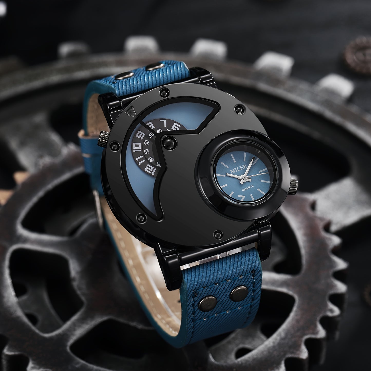 Vintage Men's Watch Big Dial Dual Time Zone PU Leather Strap – Business Quartz Analog Wristwatch for Men, Classic Retro Style Clock Black Blue