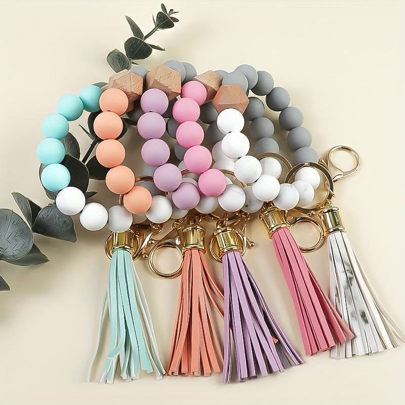5pcs Marble Beaded Wrist Keychain Set, Simple and Stylish Women's Key Holder, Anti-Loss Key Ring, Holiday Gift